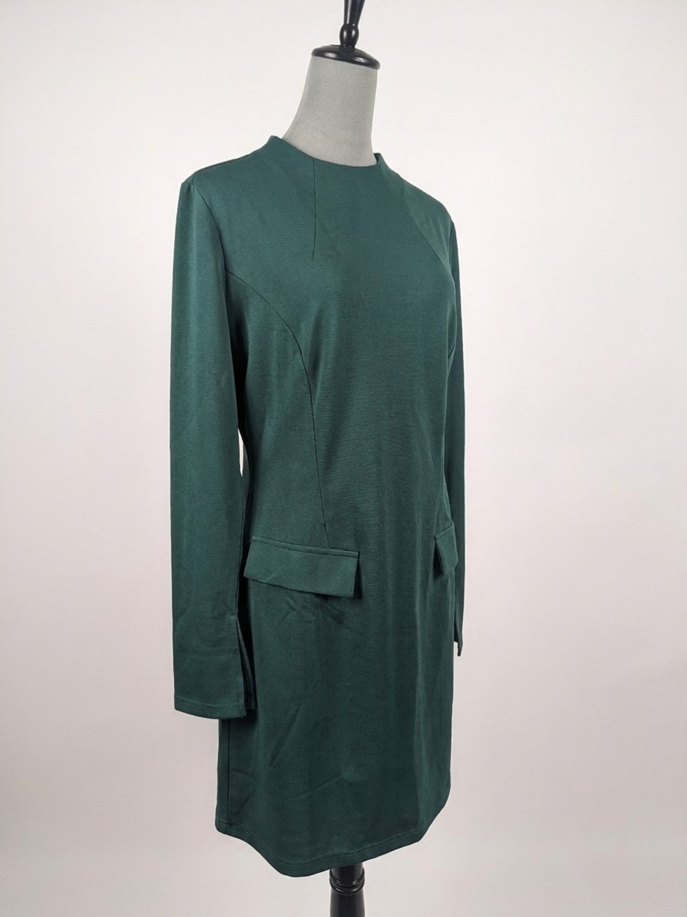 Forest Green Long-Sleeve Shift Dress with Flap Pockets